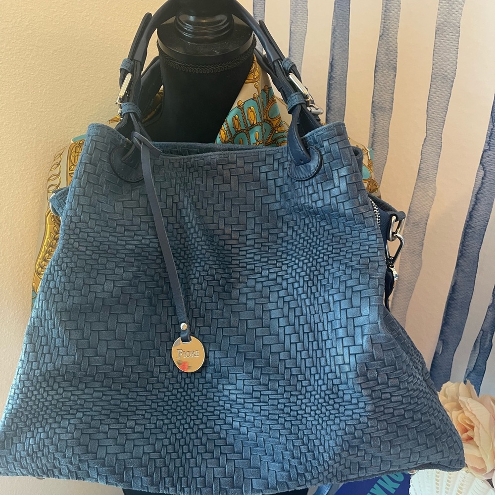 Fiore Italian Blue Embossed Leather Handbag - Large Size